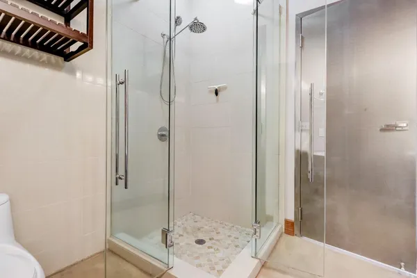 a bathroom with a shower and toilet