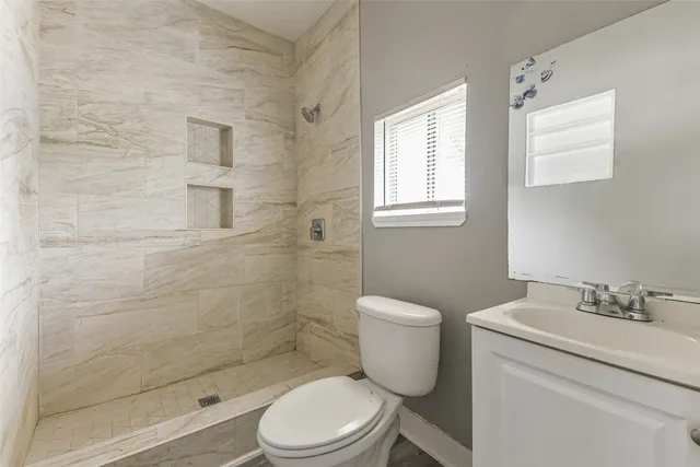 a bathroom with a toilet a sink a mirror and shower