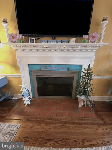 a living room with a fireplace