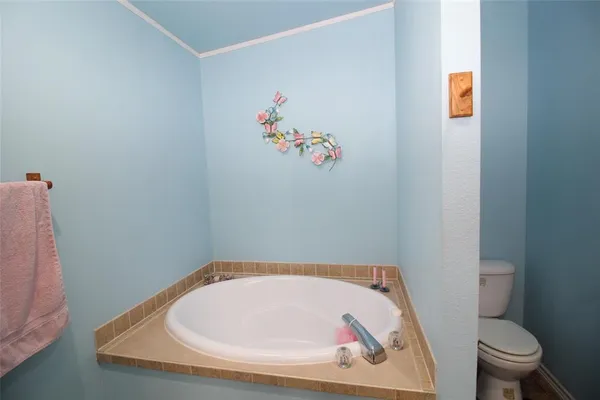 a bathroom with a bathtub and toilet