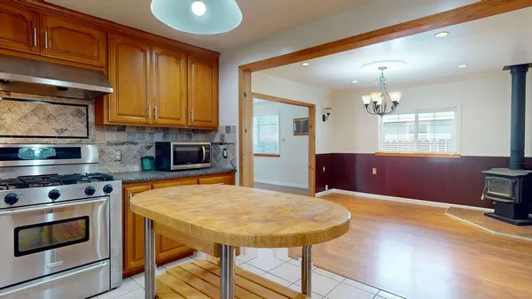 a view of a dining room with furniture