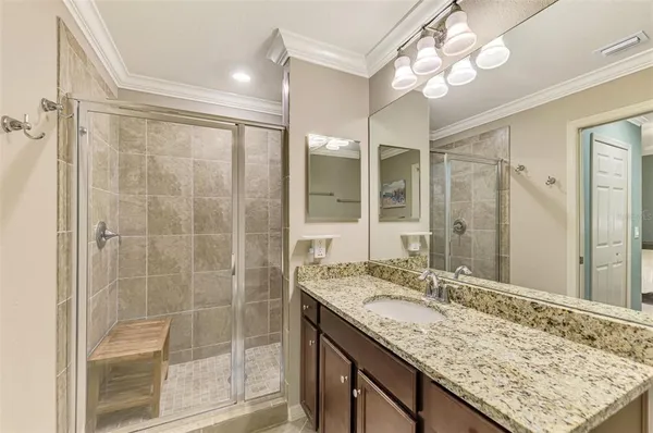 a bathroom with a granite countertop sink a mirror and a shower