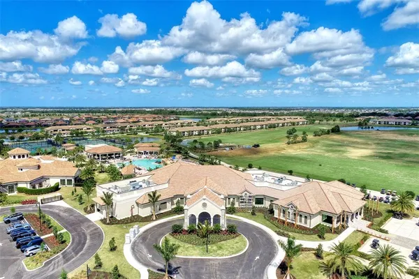 an aerial view of a house with a garden