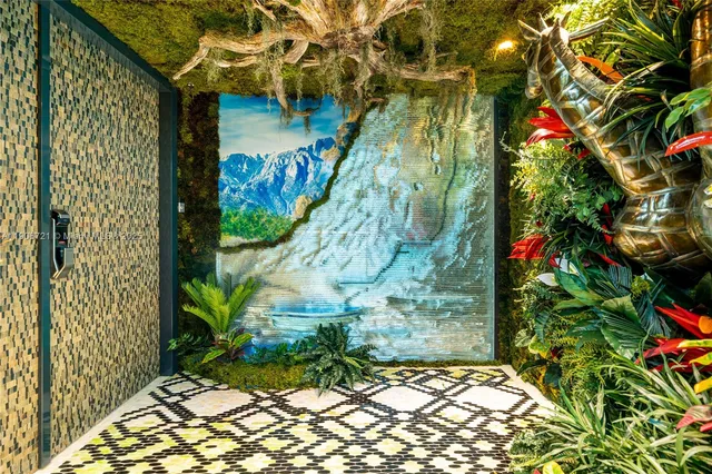 a flower plants in front of a door