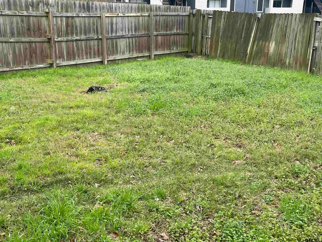a view of backyard with wooden fence
