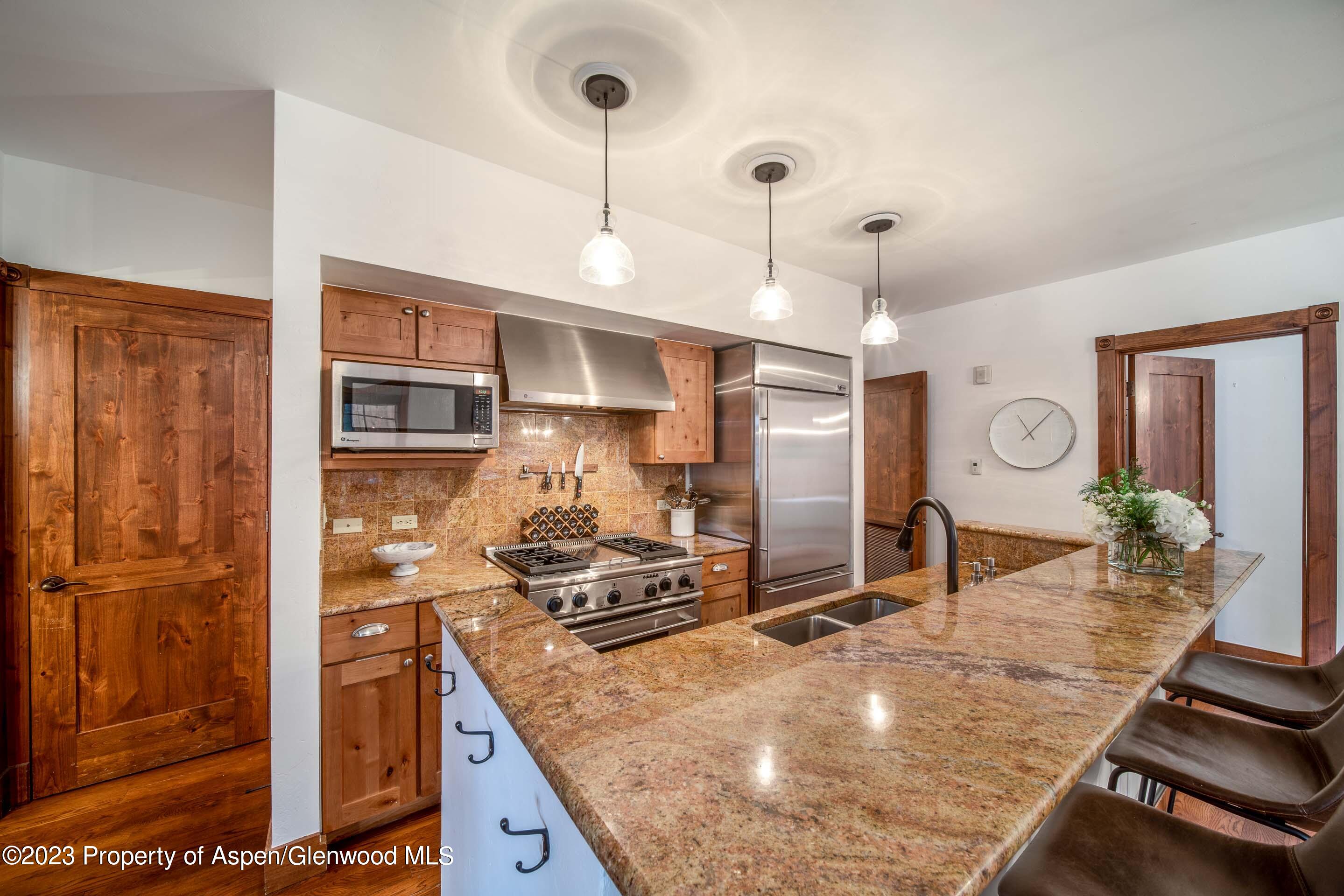 503 West Main Street, Unit B101 Aspen, CO 81611 - Photo 4 of 16 a kitchen with stainless steel appliances granite countertop a stove and a refrigerator