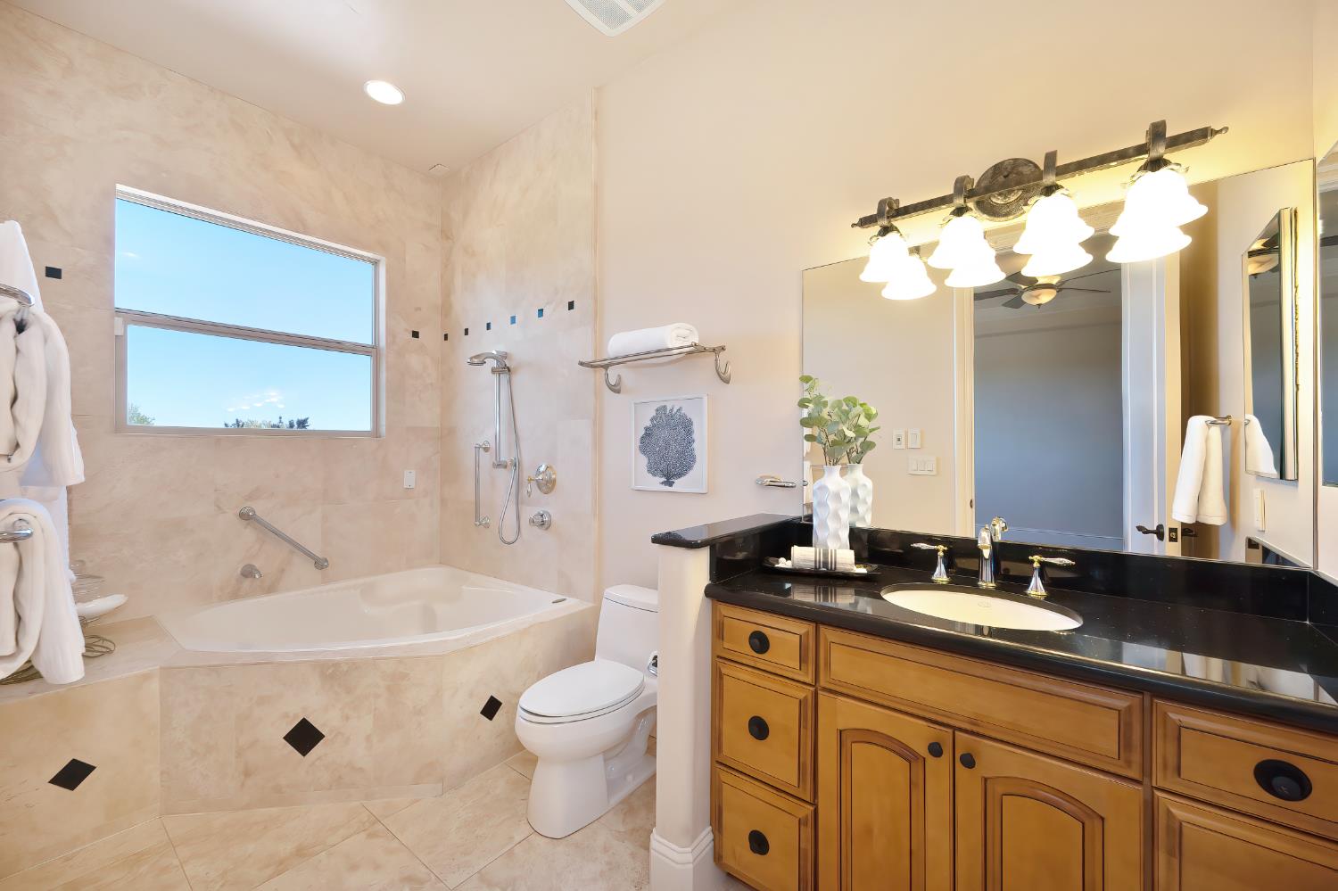 5037 Milton Ranch Road Shingle Springs, CA 95682 - Photo 53 of 99 a bathroom with a granite countertop sink a toilet and a mirror