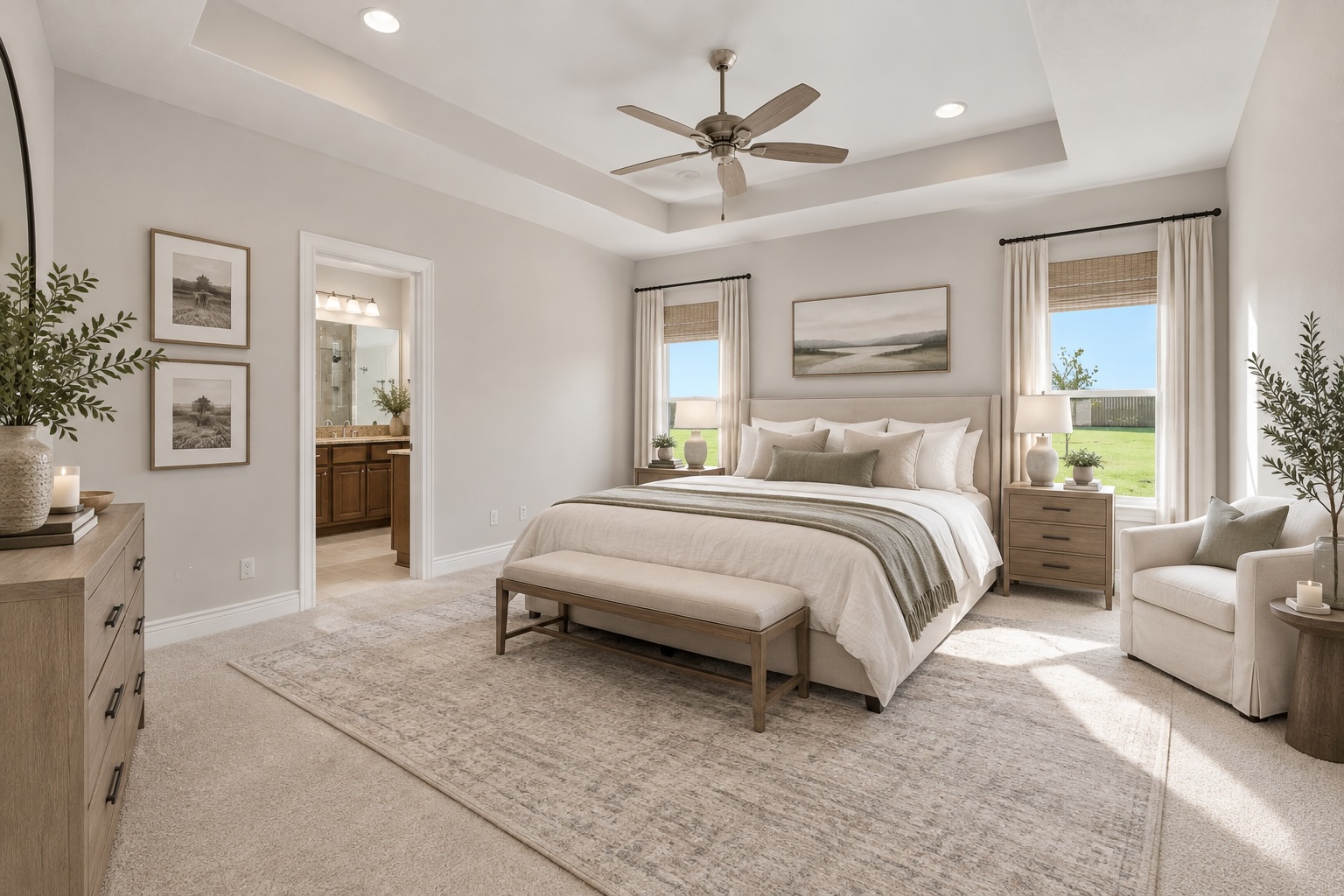 955 Inka Road Salado, TX 76571 - Photo 7 of 39 Recessed lighting and a tray ceiling elevate this elegant owner's suite. Virtually Staged