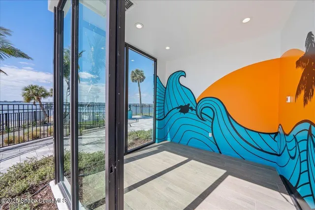 a view of a garden with wooden floor