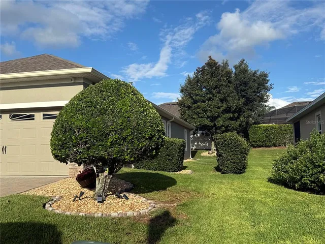 a view of a backyard with brick wall plants and a large tree