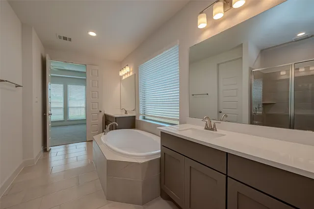 a bathroom with a sink double vanity granite tub shower and a mirror