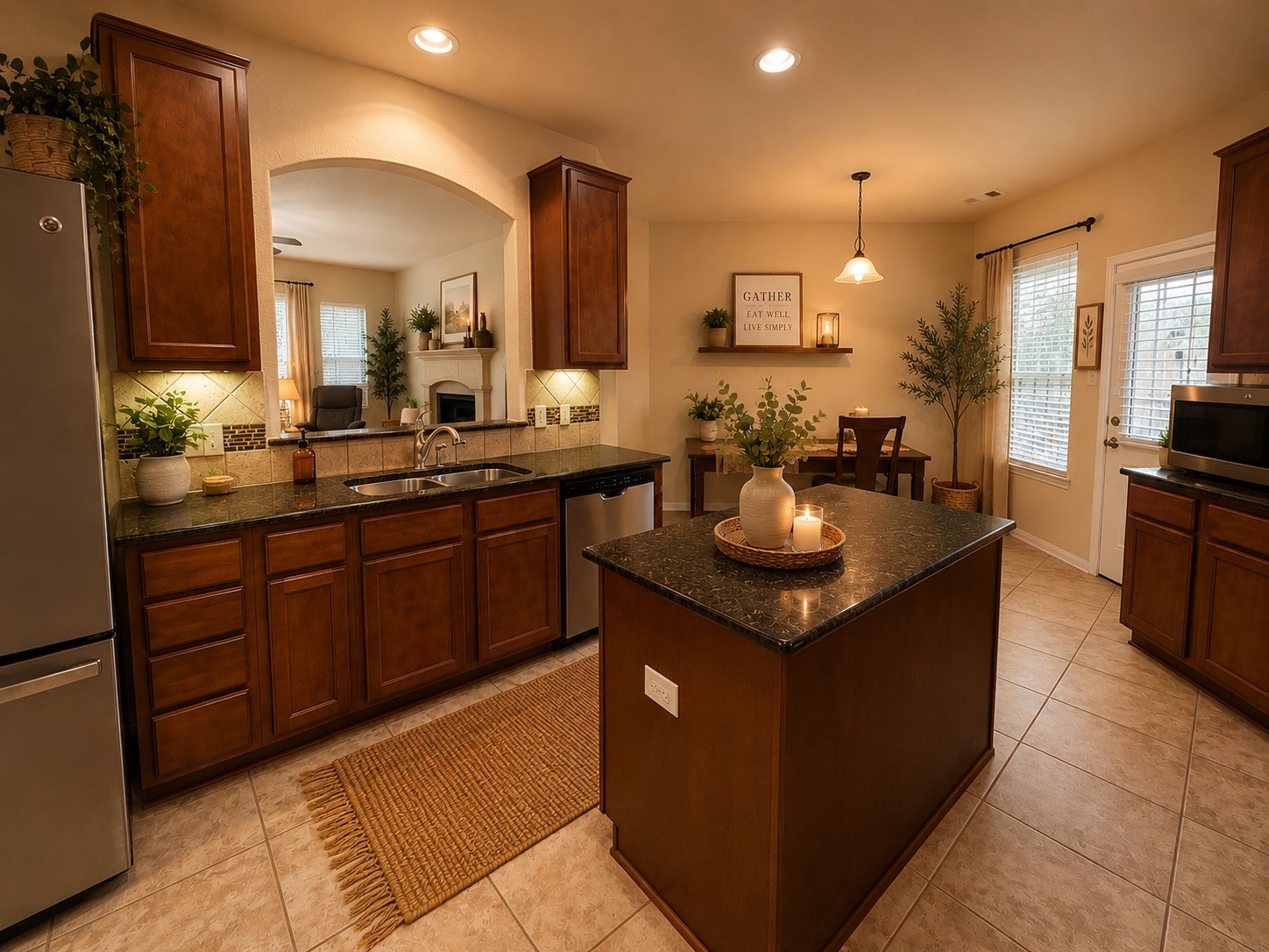 5410 Peppermint Lane Baytown, TX 77521 - Photo 9 of 22 The kitchen has been digitally enhanced to showcase its inviting atmosphere, abundant workspace, and seamless connection to the surrounding living areas. Home includes stainless steel appliances.