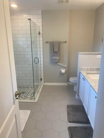 a bathroom with a sink a toilet and shower