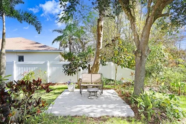 a view of a backyard with potted plants and large trees
