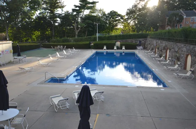 a view of a swimming pool with a patio and a yard