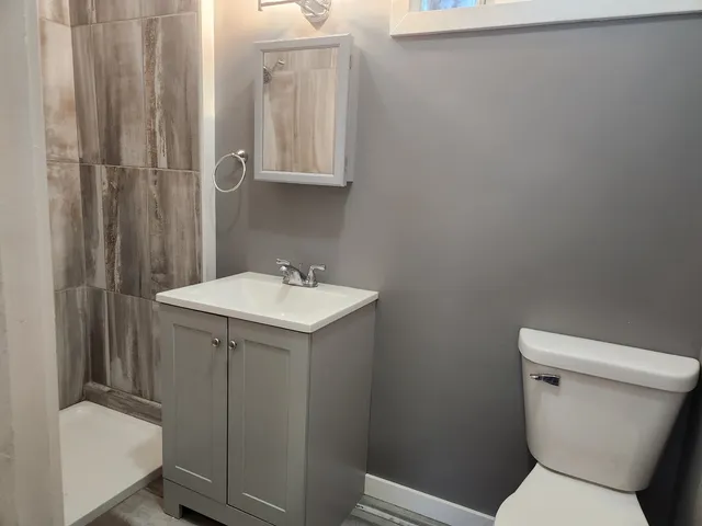 a bathroom with a sink toilet and a mirror