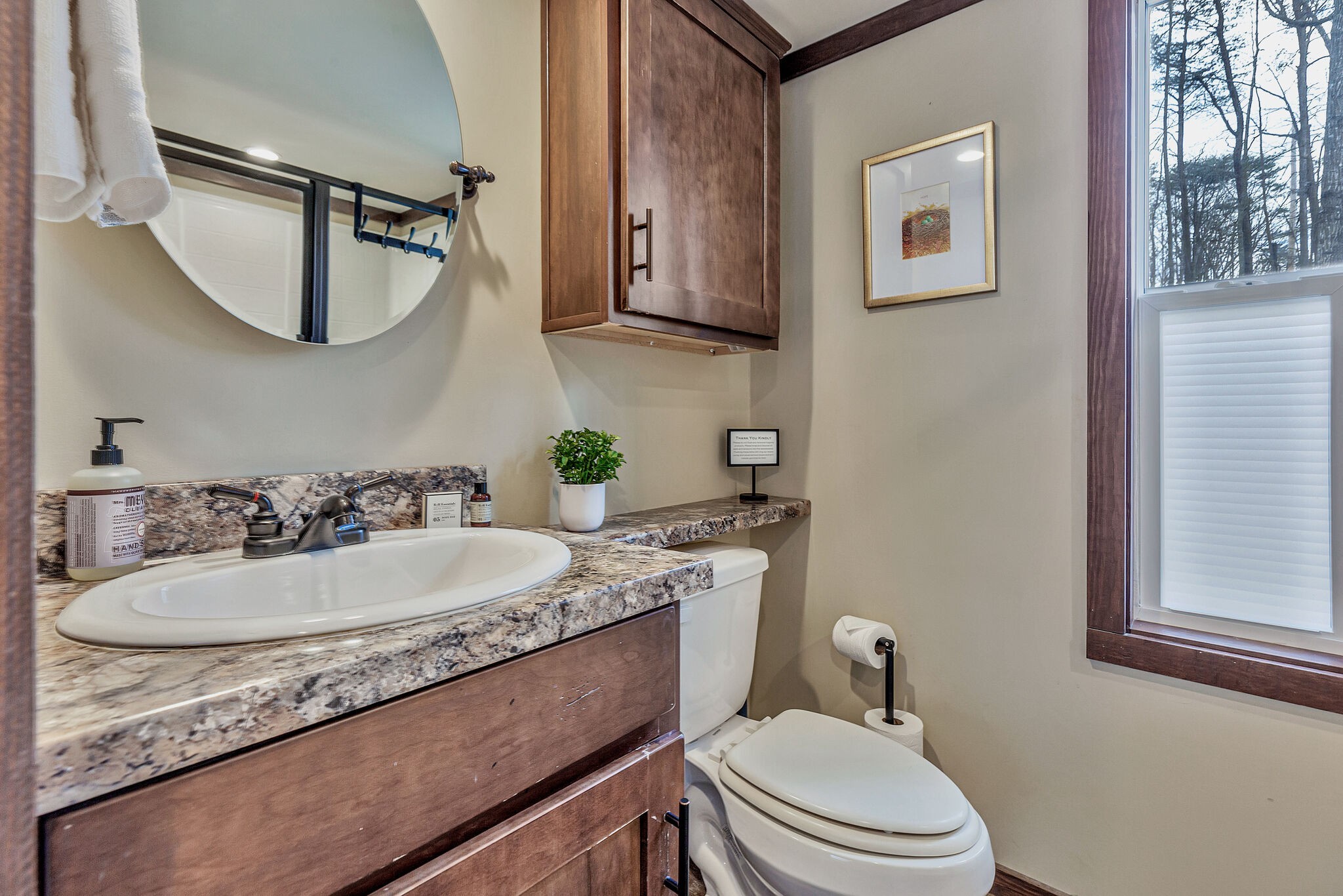 42 Oakleaf Trail Tracy City, TN 37387 - Photo 53 of 73 a bathroom with a granite countertop toilet a sink and a mirror