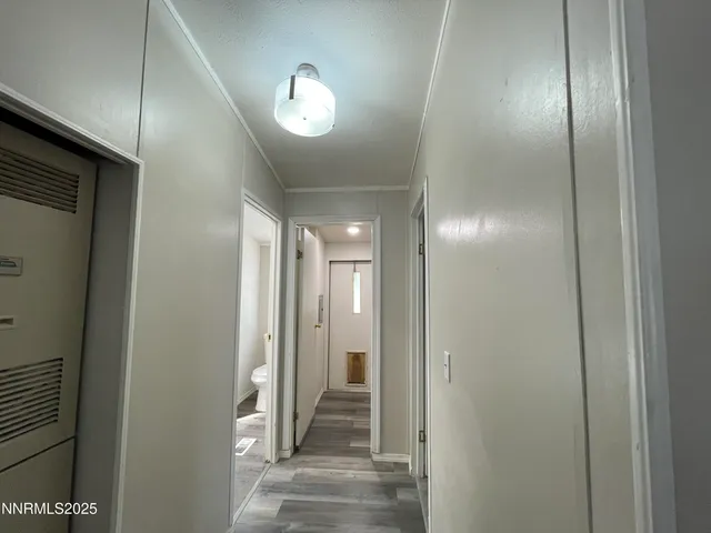 a view of room with walk in closet and wooden floor