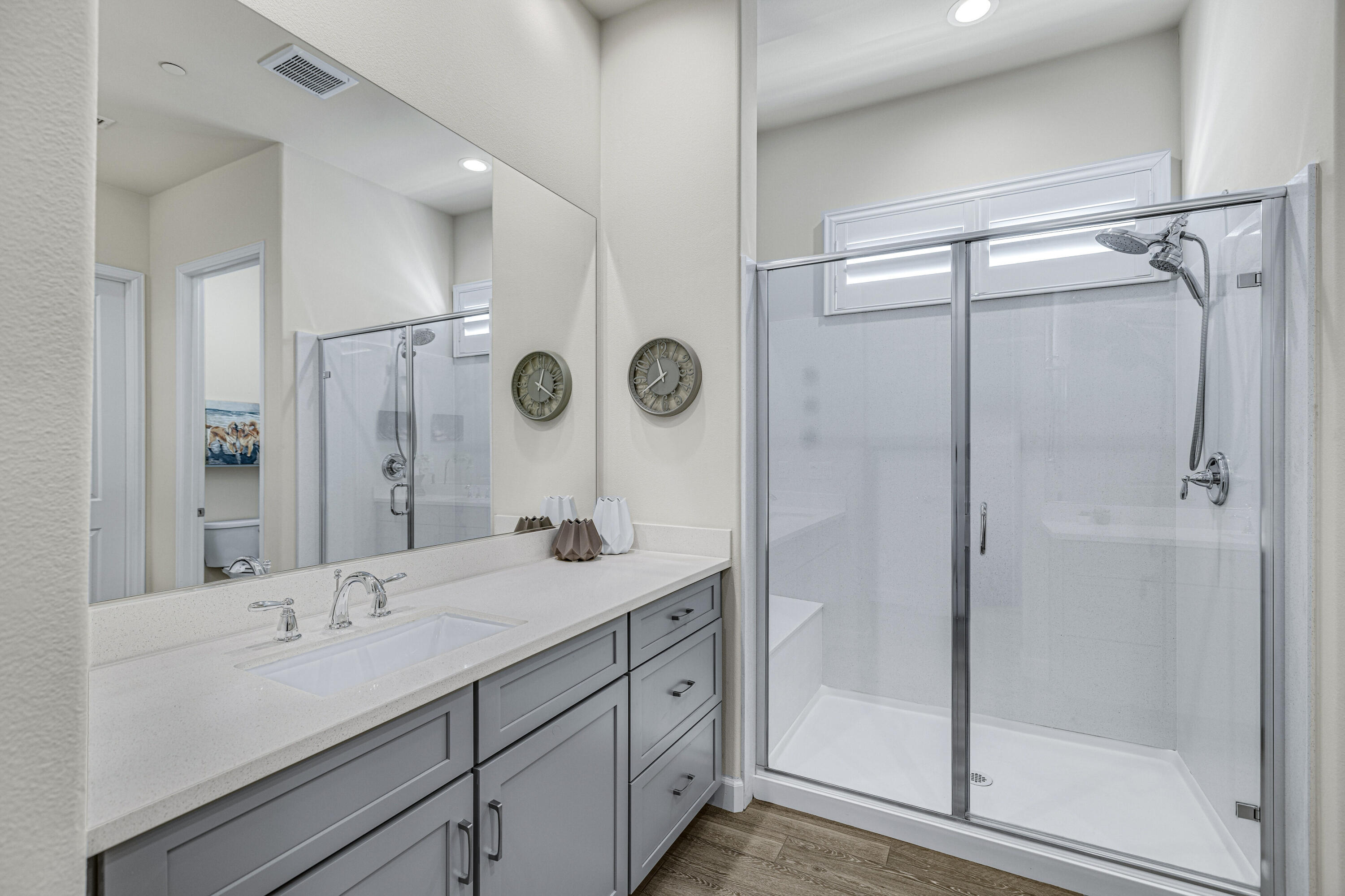 36 Chianti Rancho Mirage, CA 92270 - Photo 33 of 63 a bathroom with a shower sink and mirror