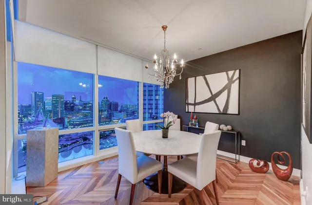 a view of a city from a dining room