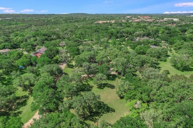 a view of a lush green forest with trees and some houses