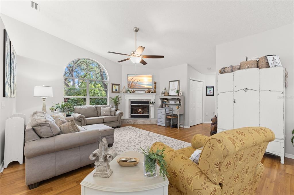 3734 Thornbush Lane New Port Richey, FL 34655 - Photo 5 of 47 a living room with furniture a fireplace and a chandelier