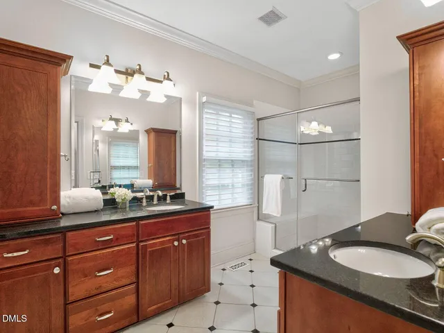 a bathroom with a granite countertop sink a mirror and a shower