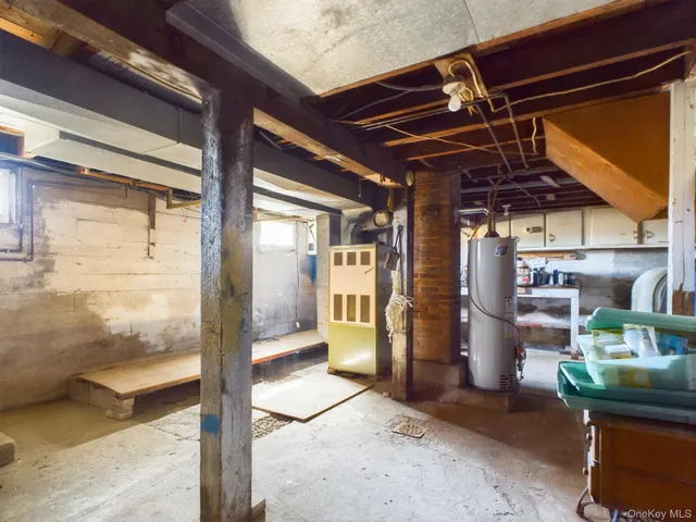 a room with a chair and storage