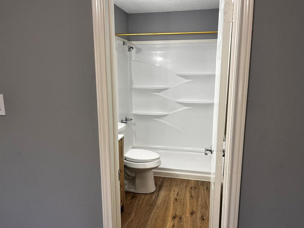 1007 Mack Place Denton, TX 76209 - Photo 19 of 37 Full bathroom featuring a stall shower, vanity, dark wood-style floors, and a textured ceiling