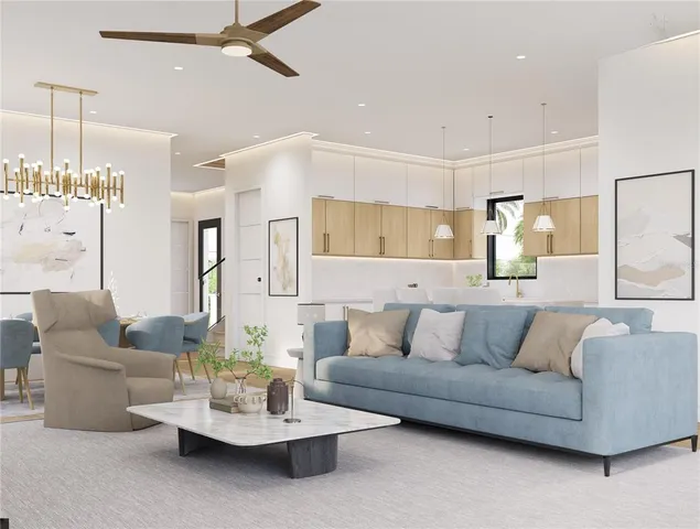 a living room with furniture and a chandelier