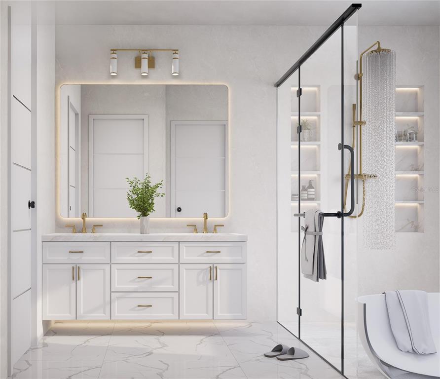 541 Normandy Road Madeira Beach, FL 33708 - Photo 7 of 8 a bathroom with a double vanity sink a mirror and shower