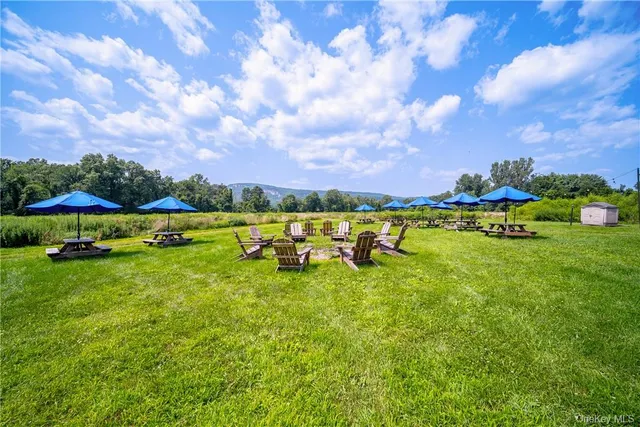 a view of a big yard with lounge chairs