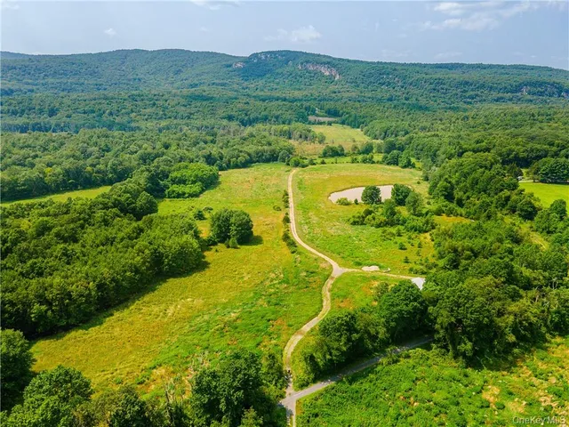 an aerial view of residential houses with outdoor space and trees all around