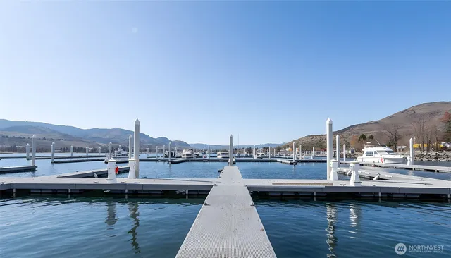 a view of a lake with boats and trees in the background