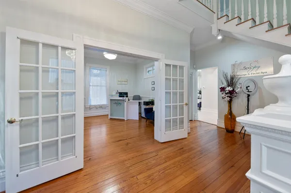 a living room with furniture potted plant and a mirror