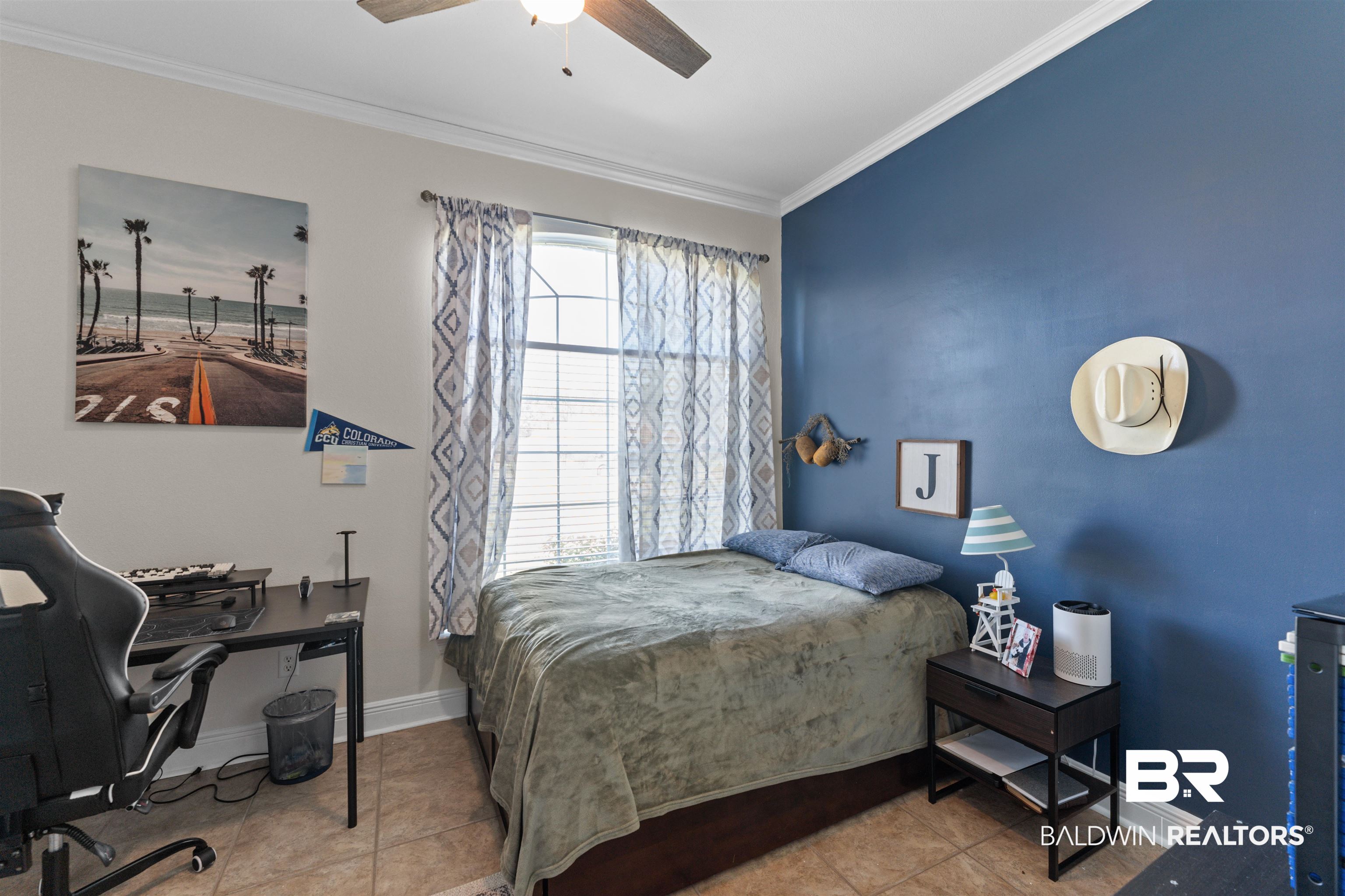 12664 Hunters Chase Foley, AL 36535 - Photo 31 of 62 Bedroom featuring ornamental molding, light tile patterned floors, a desk, and a ceiling fan