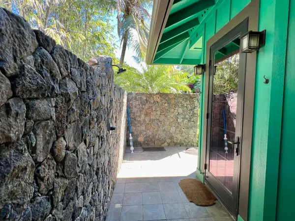 a view of a backyard with plants and a patio