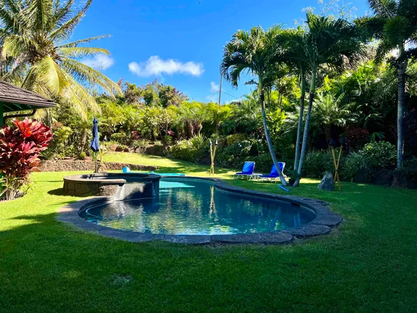 a view of swimming pool with lounge chair and dinning table under an umbrella