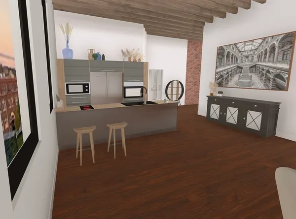 a view of a dining room with furniture and window