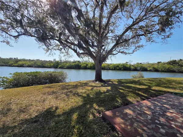 a view of a lake with houses in background