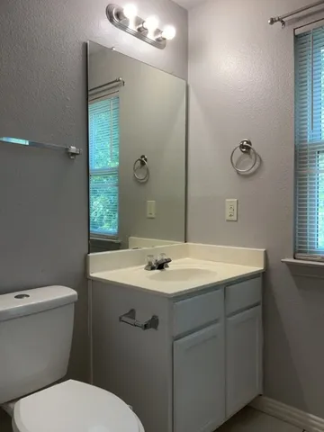 a bathroom with a sink toilet vanity and window