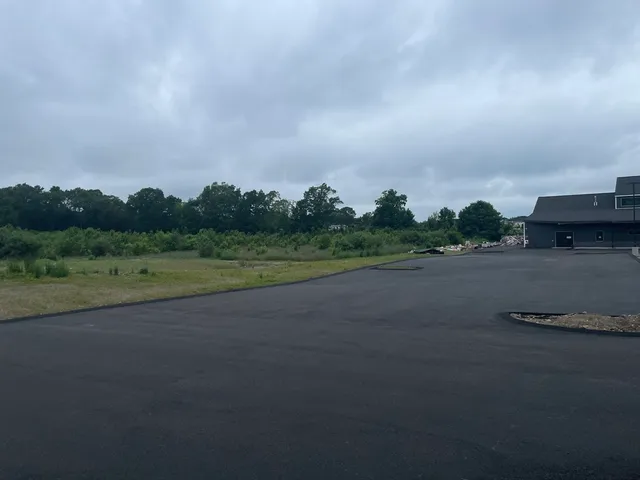 a view of a field with trees in background