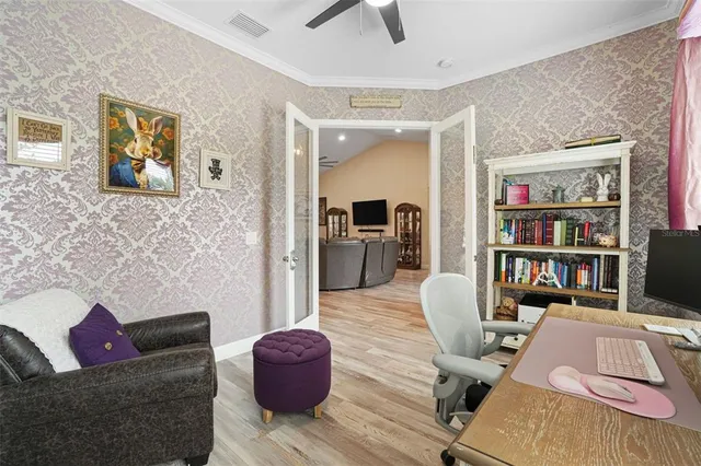 a view of a park with large trees