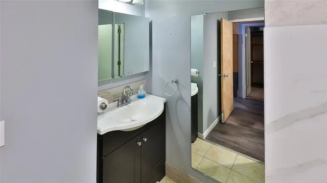 a bathroom with a sink and a mirror