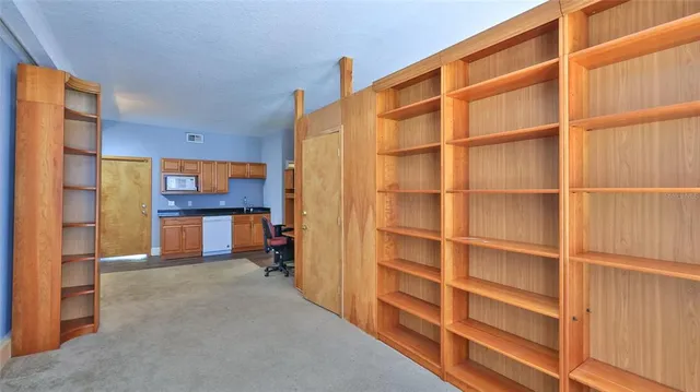 a view of an empty room with cabinet and a window