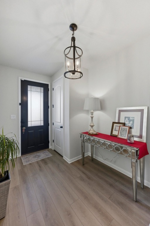 264 Denali Way Dripping Springs, TX 78620 - Photo 22 of 28 Entrance foyer with light wood-type flooring and a chandelier