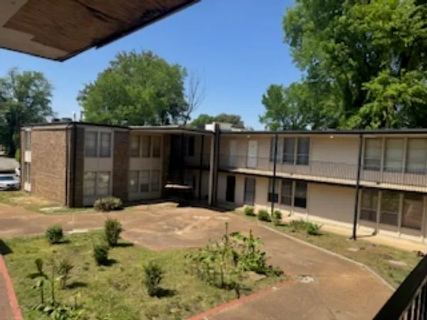 a view of a backyard with small cabin