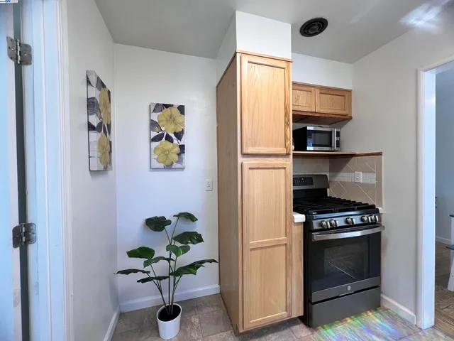 a kitchen with appliances and a potted plant