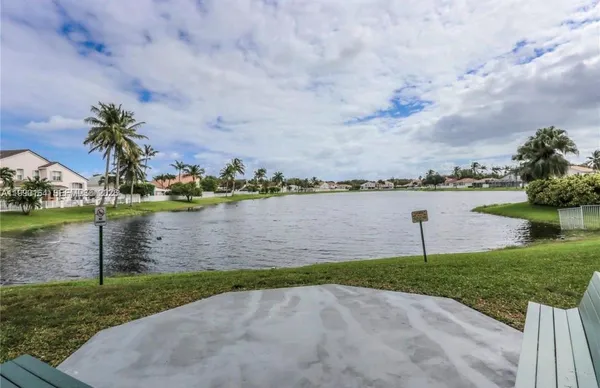a view of a lake with houses in the back