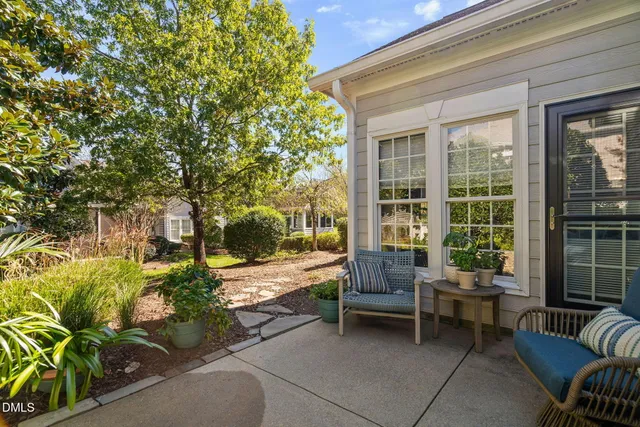 a view of a yard with plants and trees